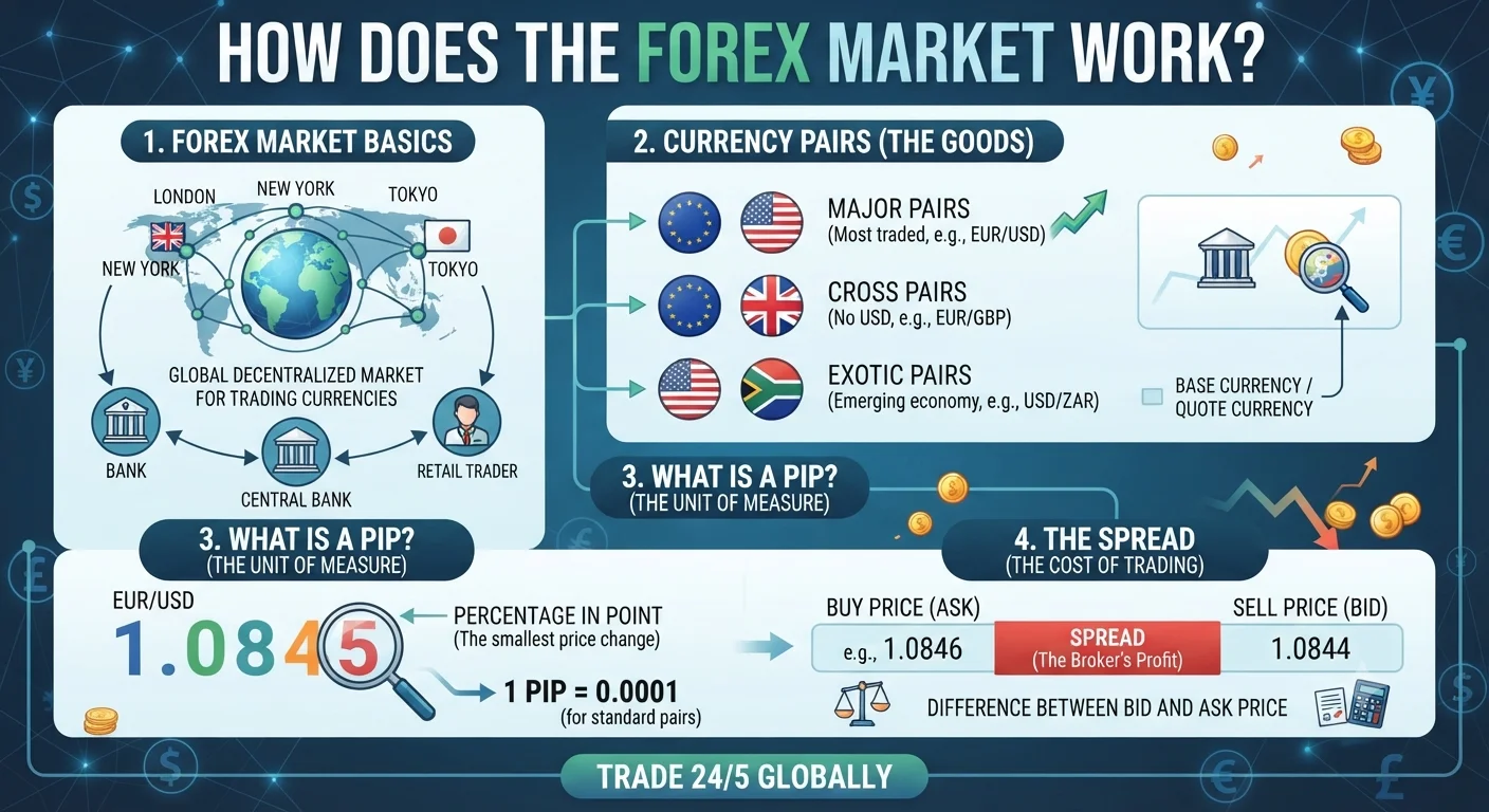 How Does the Forex Market Work? Currency Pairs, Pips, and Spreads Explained